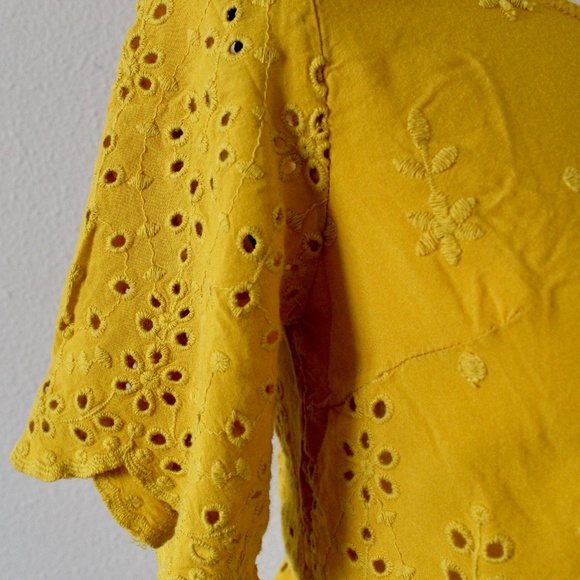 Mustard Yellow Eyelet Embroidery Scalloped Hem Top - Picture 5 of 9